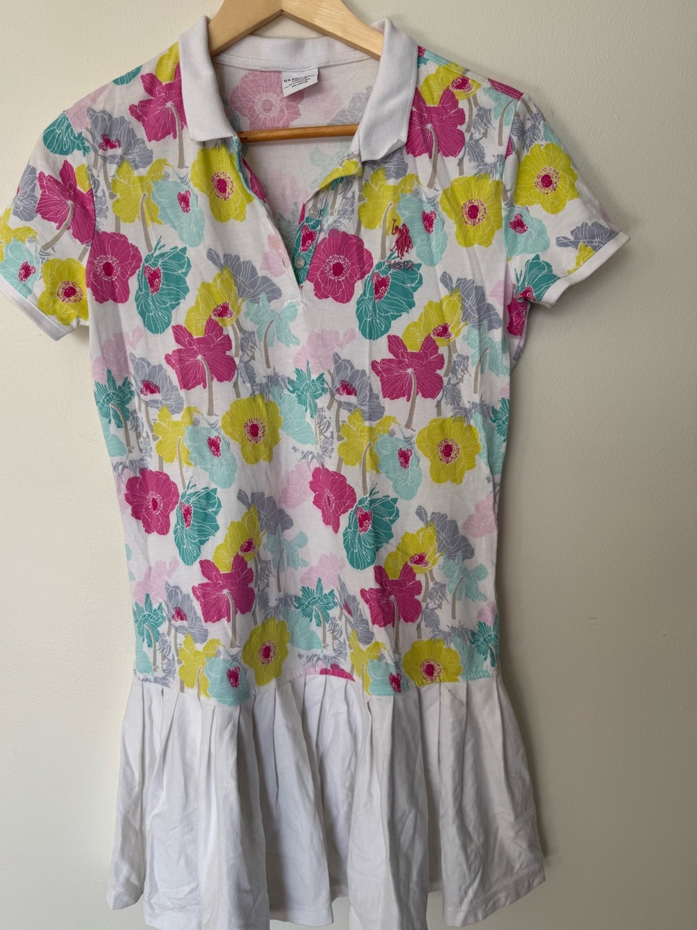 U.S. Polo Assn. Girls Floral Polo Dress - White with Pink, Yellow & Teal Flowers